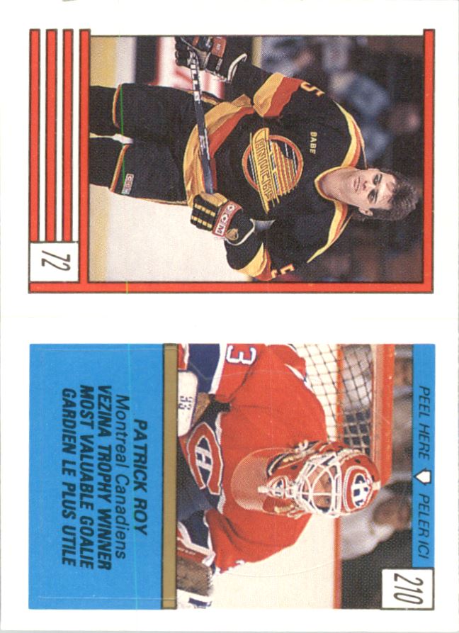 1989-90 O-Pee-Chee Stickers #72 Garth Butcher/ 210. Patrick Roy/Ray Bourque AS (back)
