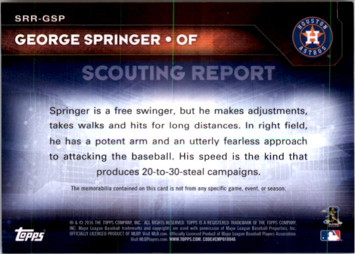 2016 Topps Scouting Report Relics #SRRGSP George Springer S2 back image
