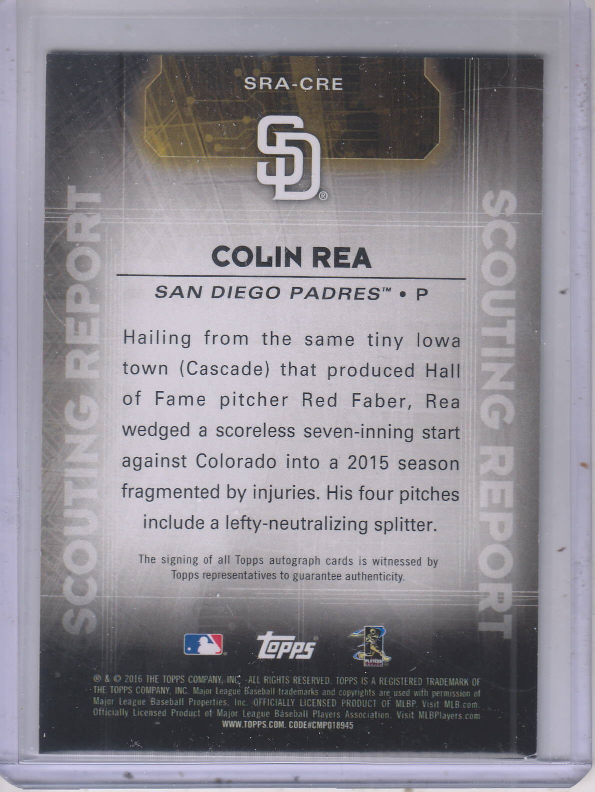 2016 Topps Scouting Report Autographs #SRACRE Colin Rea S2 back image