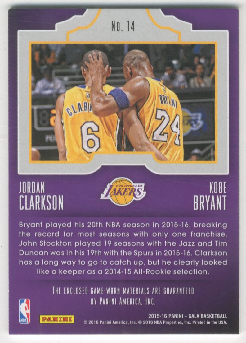 2015-16 Panini Gala Double Feature Memorabilia #14 Kobe Bryant/Jordan Clarkson/60 back image