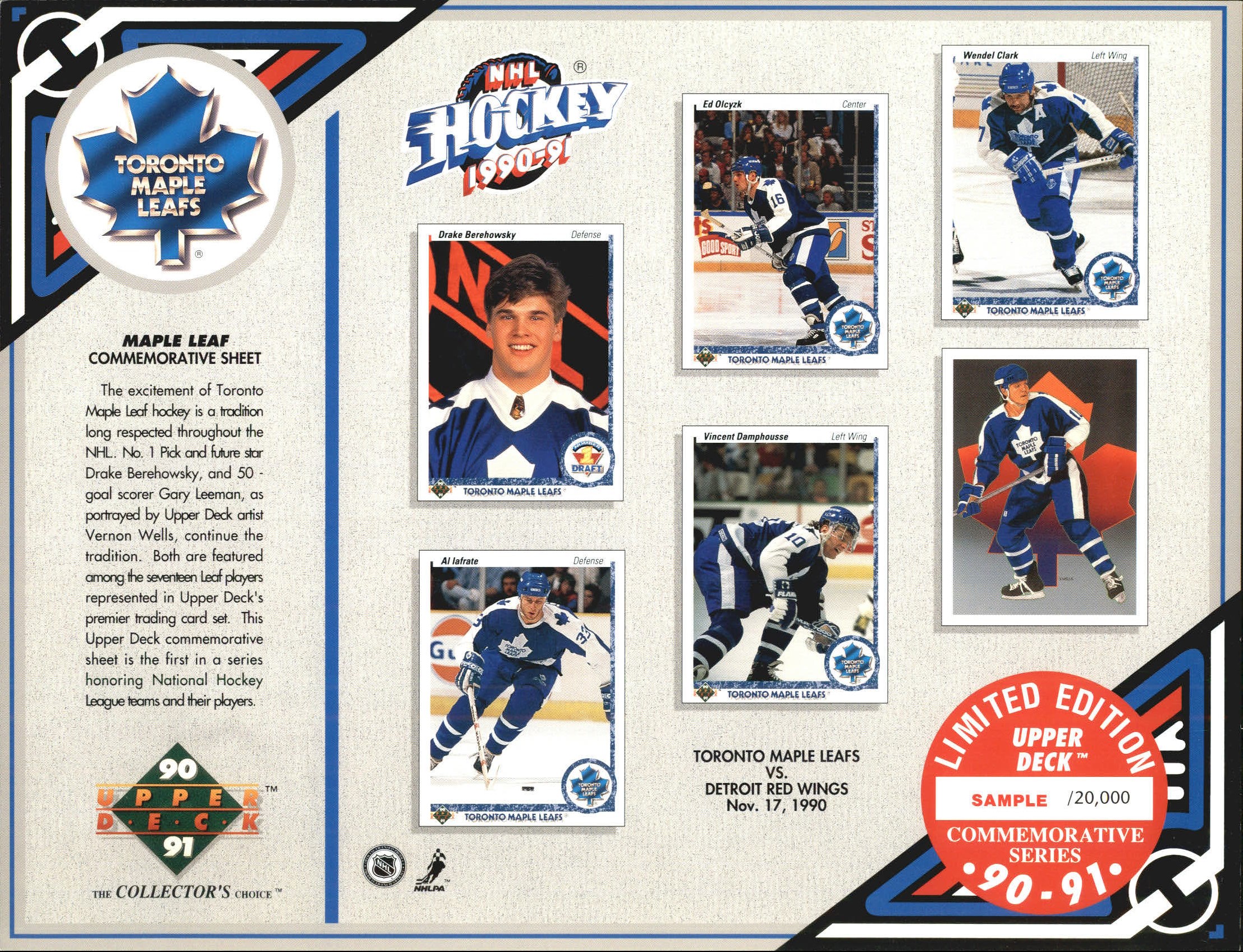 1990-91 Upper Deck Sheets #1 Toronto Maple Leafs/vs. Detroit Red Wings/Nov. 17, 1990 (20,000)/Al Iafrate/Ed Olcyzk/Vincent Damphousse/Wendel Clark/Gary Leeman/Drake Berehowsky