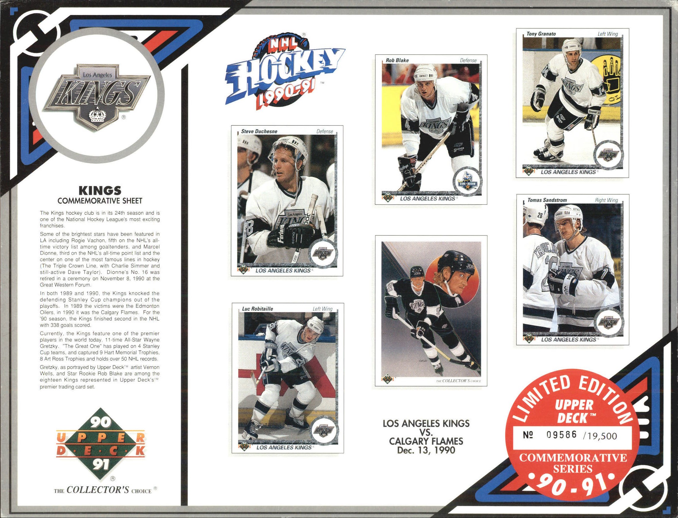 1990-91 Upper Deck Sheets #3 Los Angeles Kings/vs. Calgary Flames/Dec. 13, 1990 (19,500)/Steve Duchesne/Luc Robitaille/Rob Blake/Wayne Gretzky/Tony Granato/Tomas Sandstrom