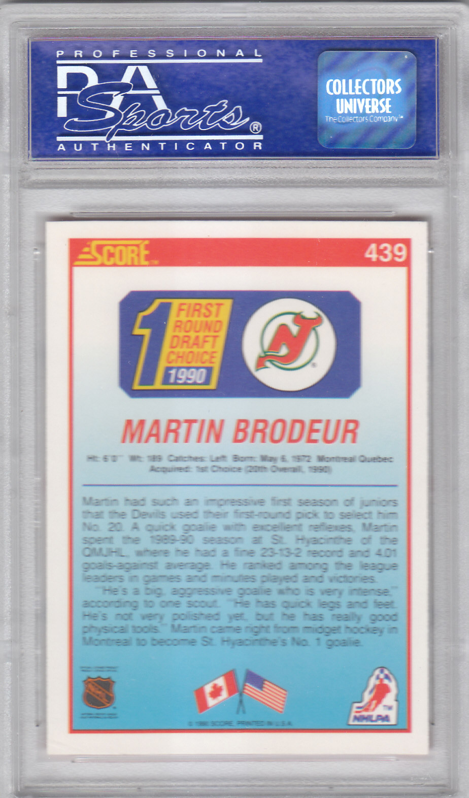 1990-91 Score #439 Martin Brodeur RC back image