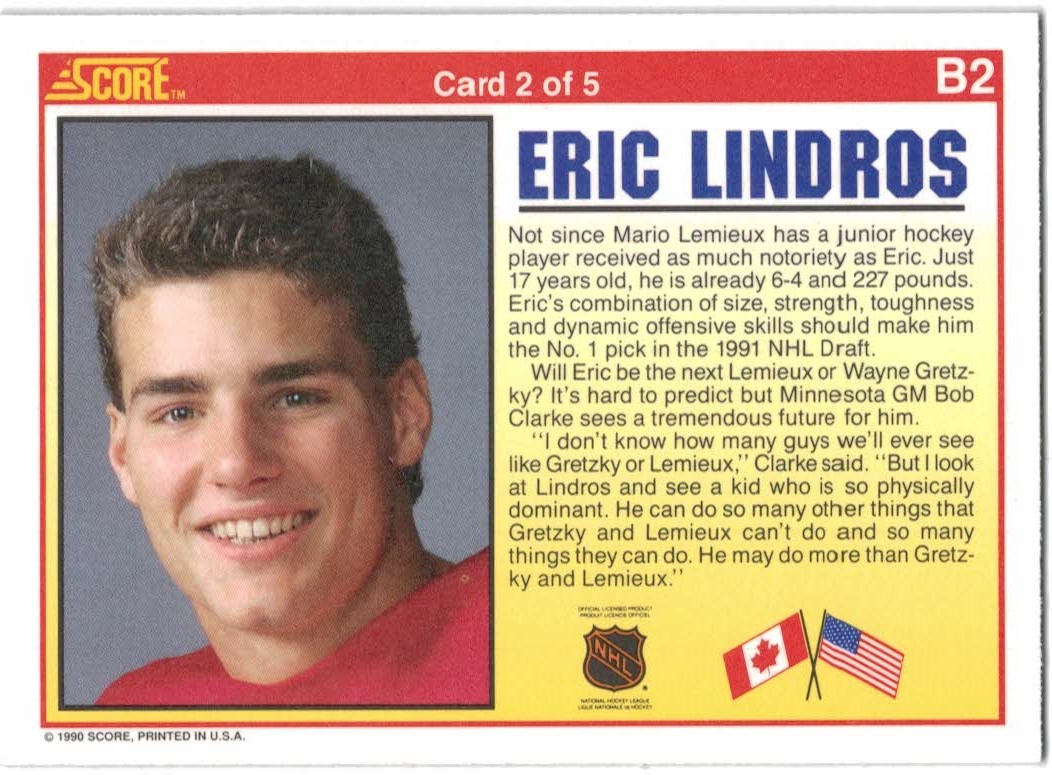 1990-91 Score #B2 Eric Lindros/Regular Junior OHL - NM-MT - The Dugout  Sportscards & Comics | Beckett Marketplace