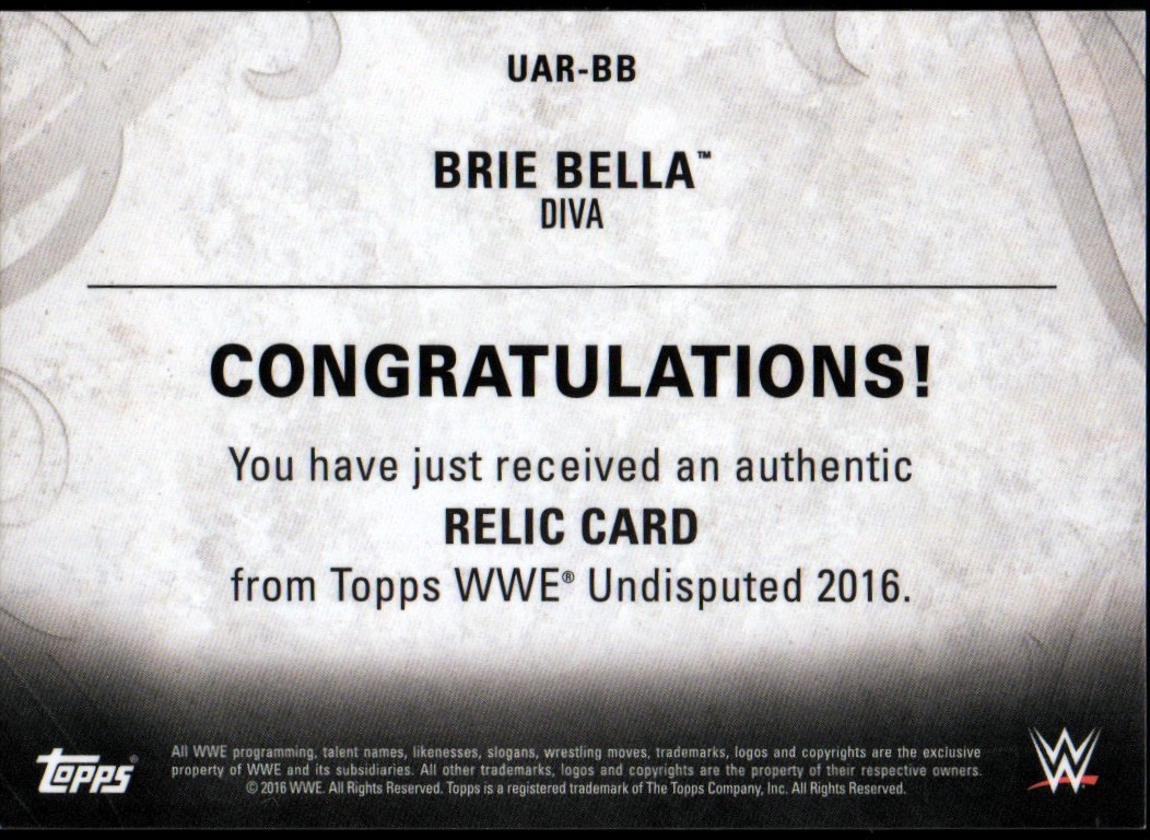 2016 Topps WWE Undisputed Relics #UARBB Brie Bella back image