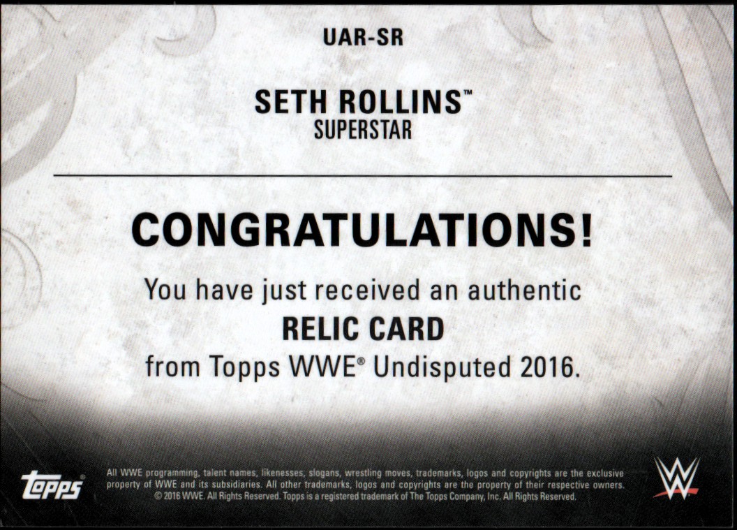 2016 Topps WWE Undisputed Relics #UARSR Seth Rollins back image