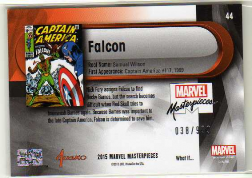 2016 SkyBox Marvel Masterpieces What If #44 Falcon/Captain America #117/999 back image