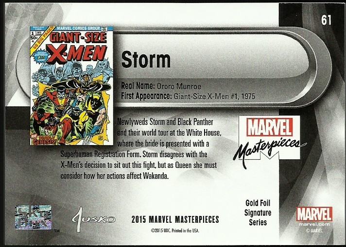 2016 SkyBox Marvel Masterpieces Gold Foil Signature Series #61 Storm back image