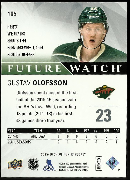 2015-16 SP Authentic #195 Gustav Olofsson RC back image