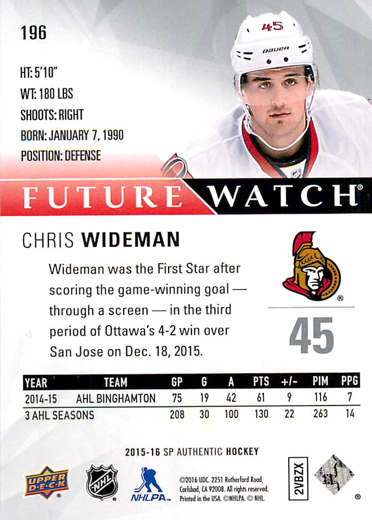 2015-16 SP Authentic #196 Chris Wideman RC back image