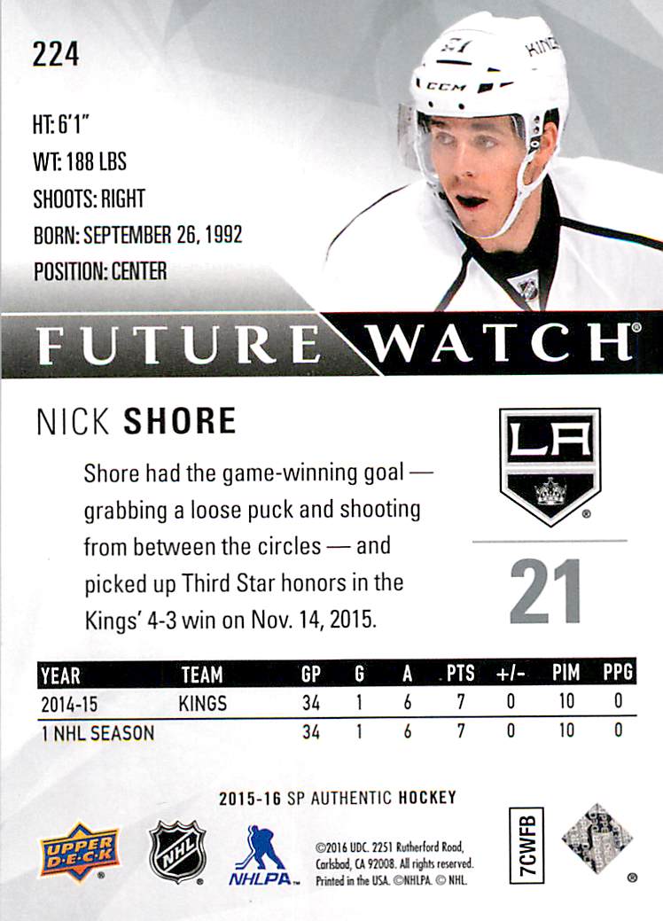 2015-16 SP Authentic #224 Nick Shore RC back image