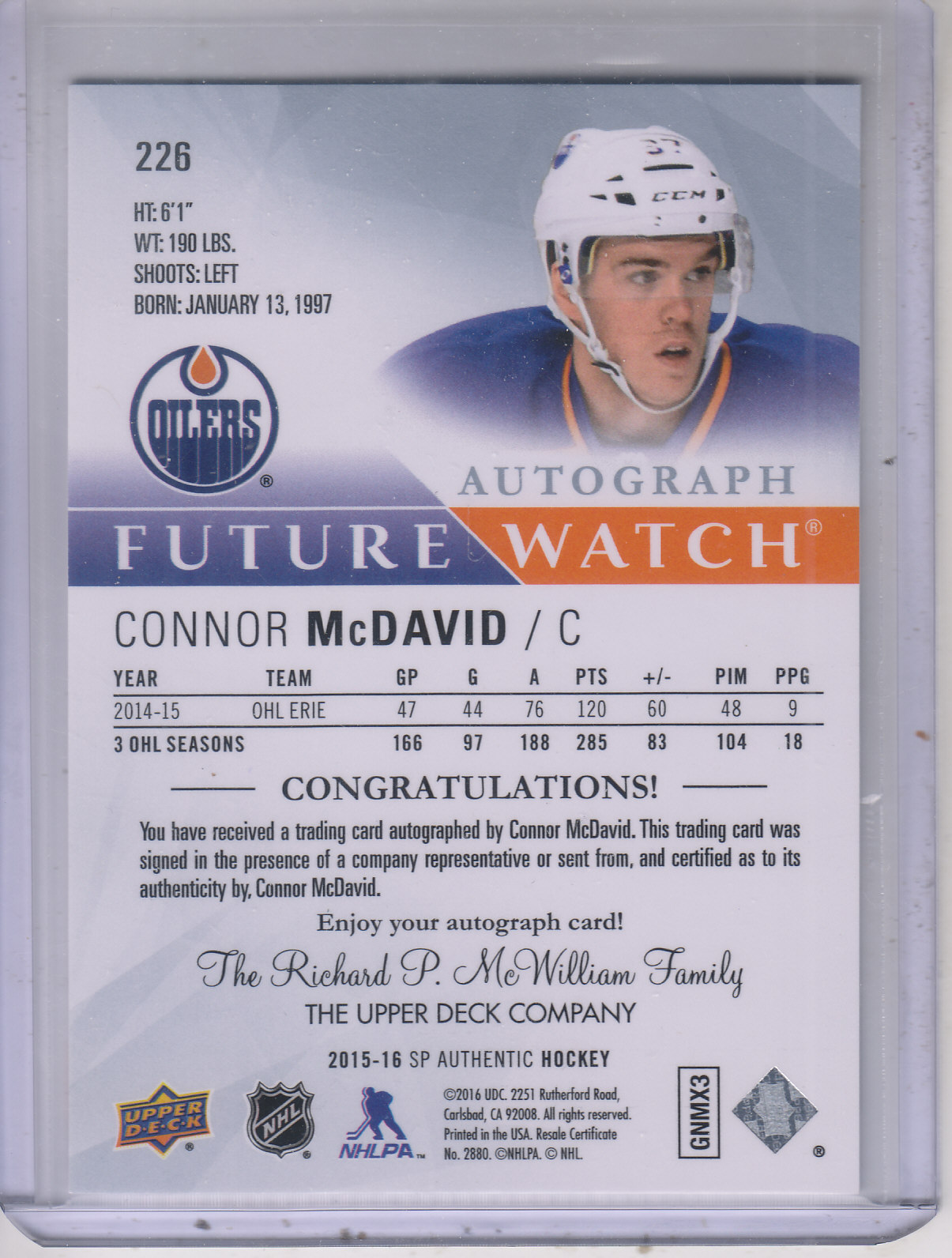 2015-16 SP Authentic #226 Connor McDavid AU RC back image
