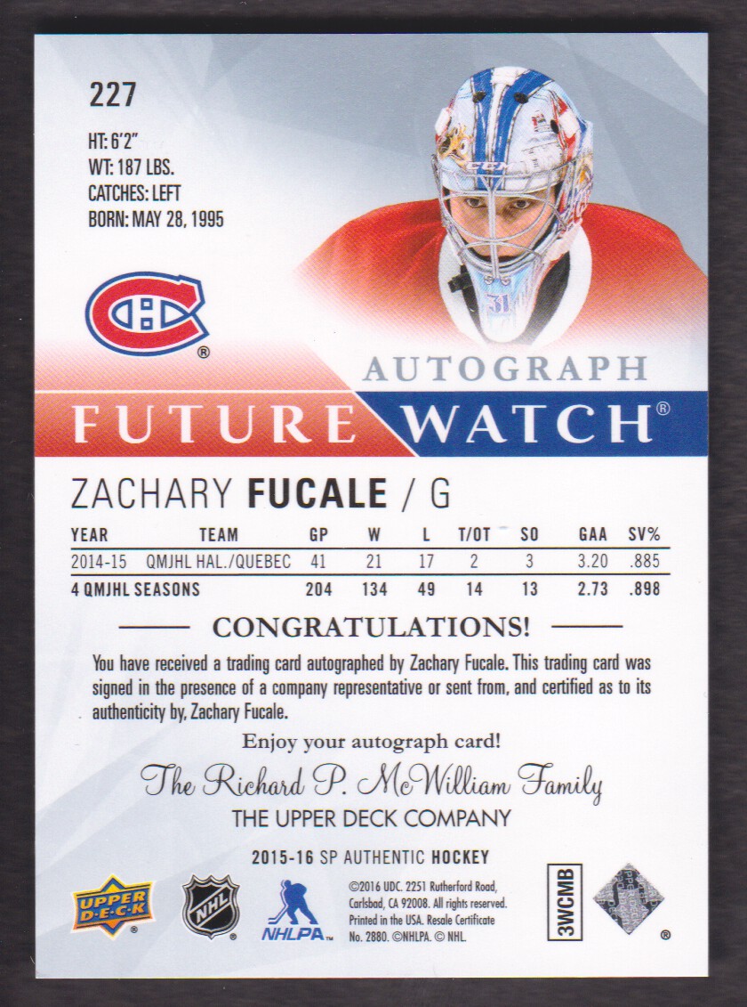 2015-16 SP Authentic #227 Zachary Fucale AU RC back image