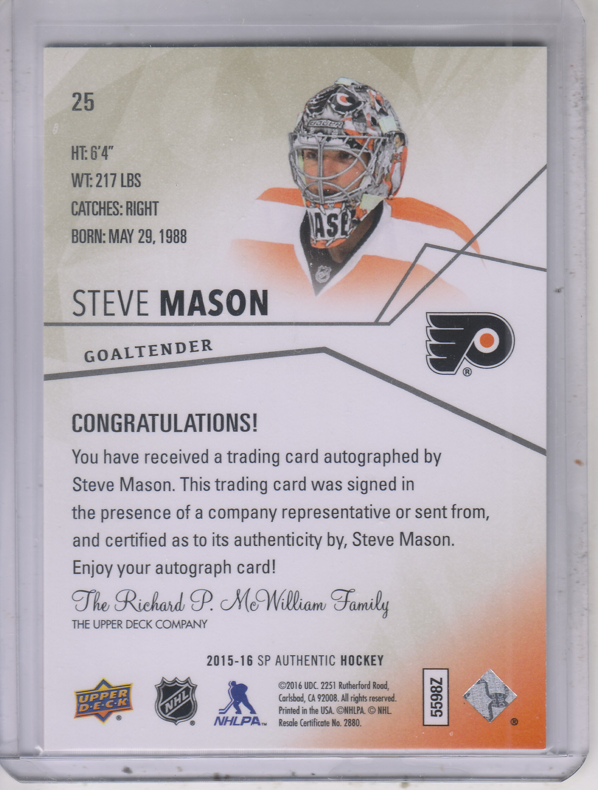 2015-16 SP Authentic Limited Autographs #25 Steve Mason/99 back image