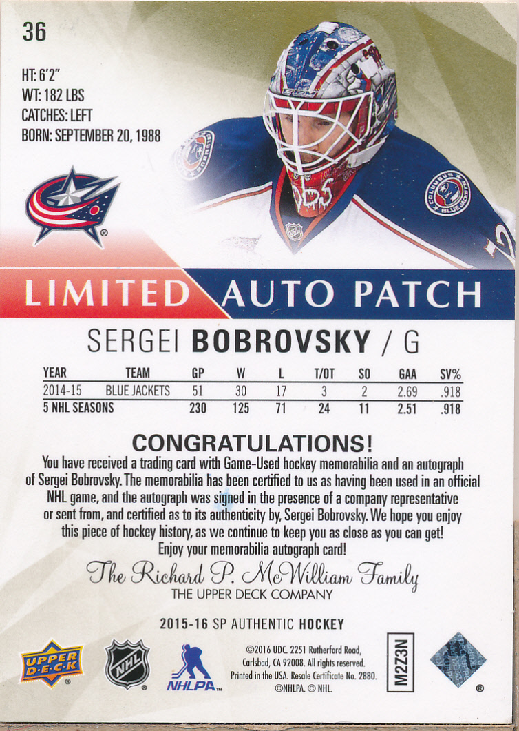 2015-16 SP Authentic Limited Patch Autographs #36 Sergei Bobrovsky/100 back image