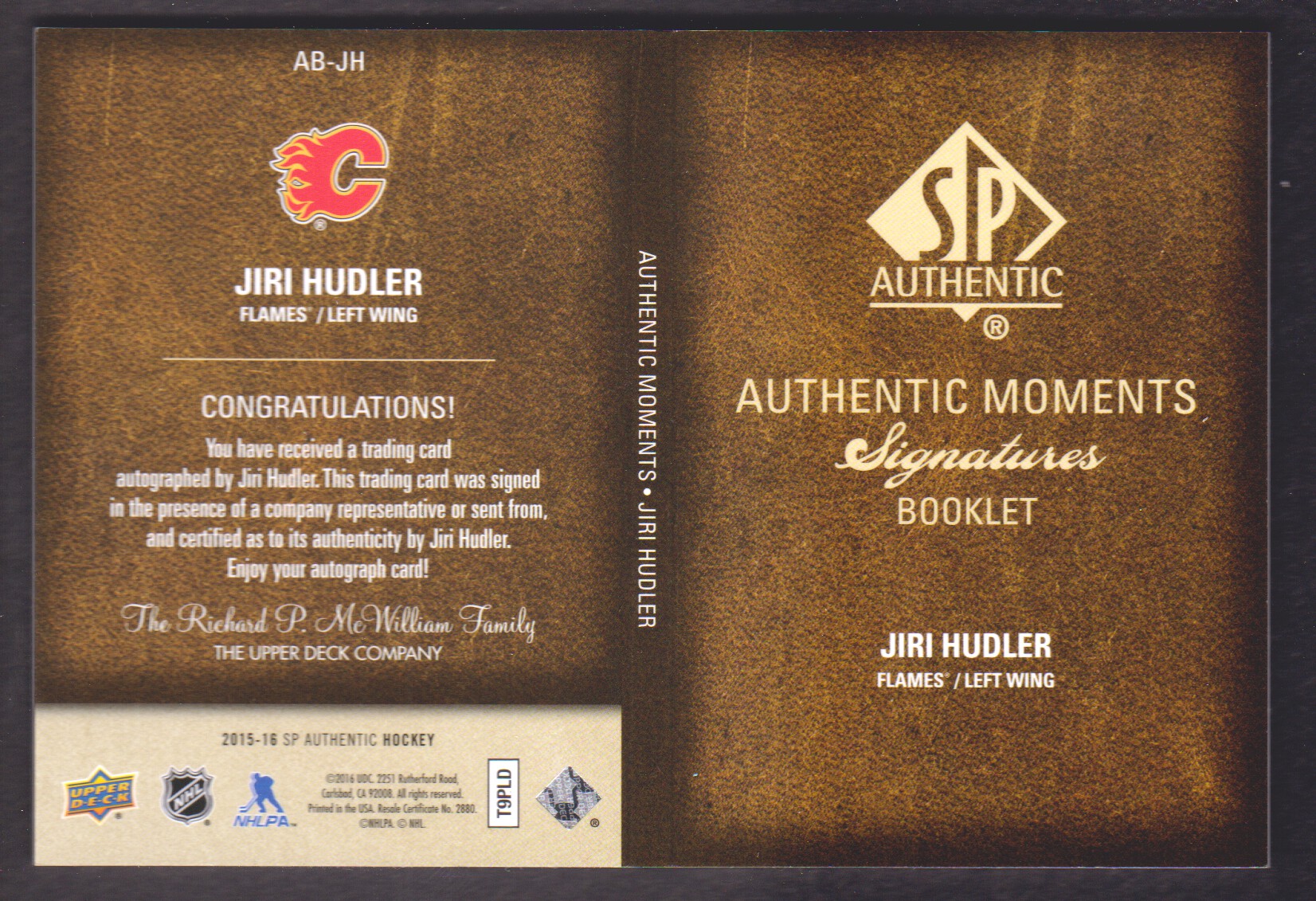 2015-16 SP Authentic Authentic Moments Booklet Autographs #ABJH Jiri Hudler C back image