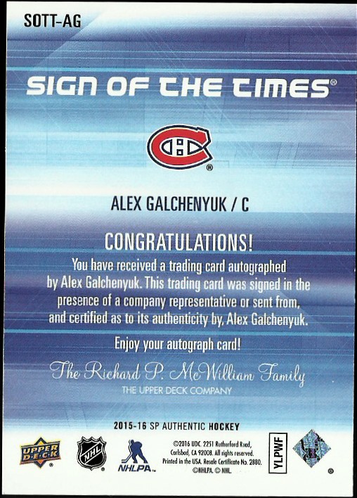 2015-16 SP Authentic Sign of the Times #SOTTAG Alex Galchenyuk D back image