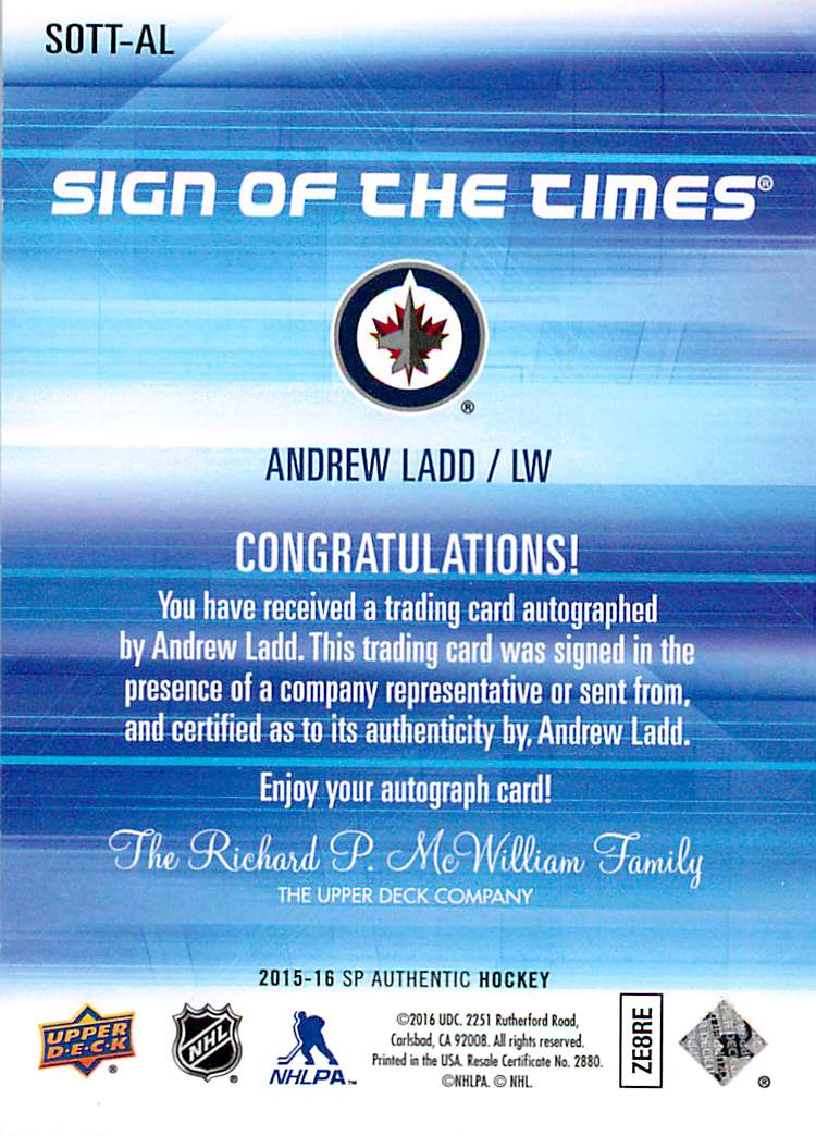 2015-16 SP Authentic Sign of the Times #SOTTAL Andrew Ladd E back image