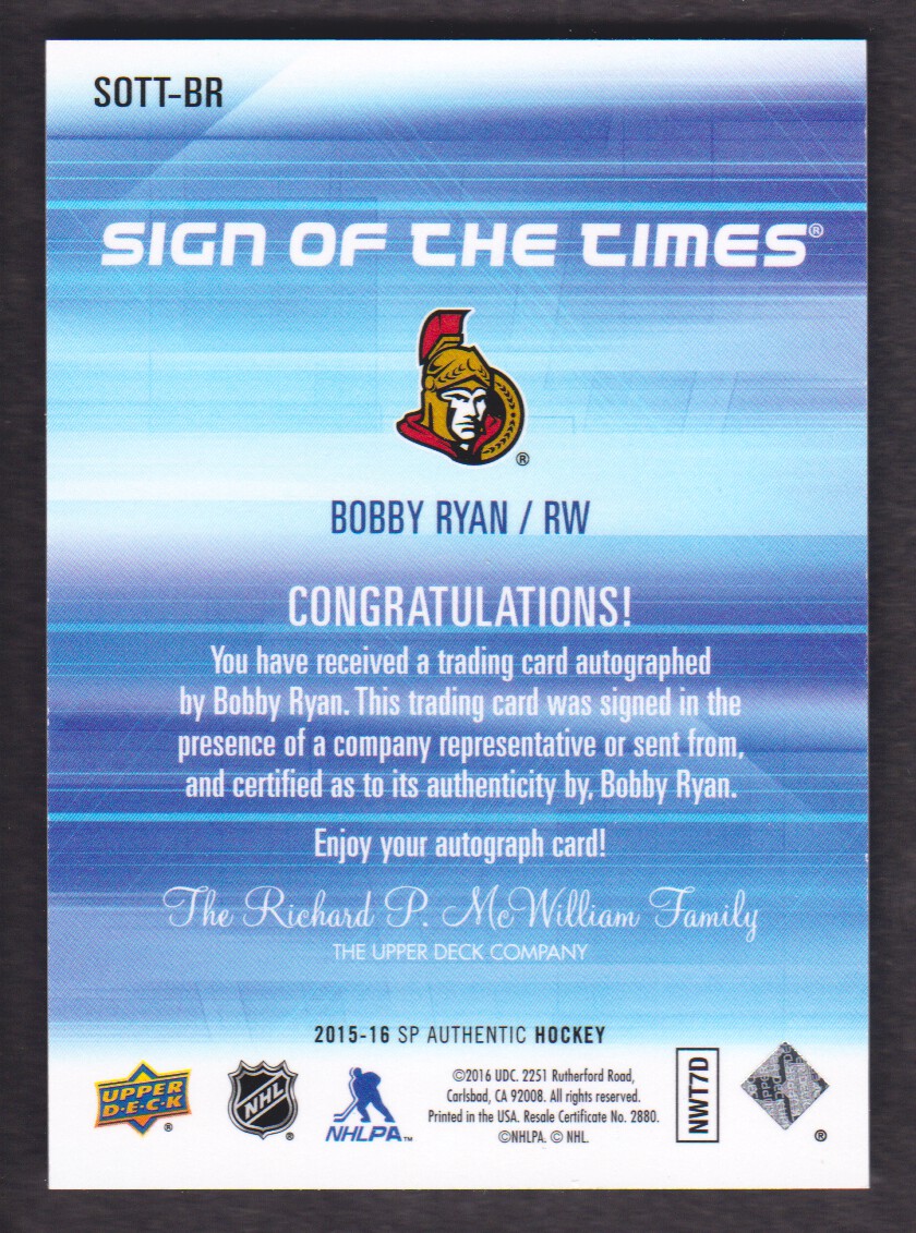 2015-16 SP Authentic Sign of the Times #SOTTBR Bobby Ryan D back image