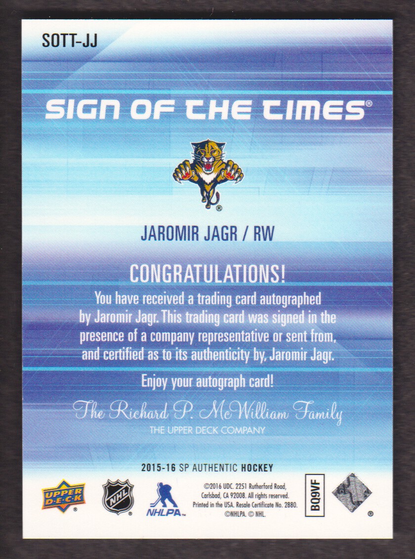 2015-16 SP Authentic Sign of the Times #SOTTJJ Jaromir Jagr B back image