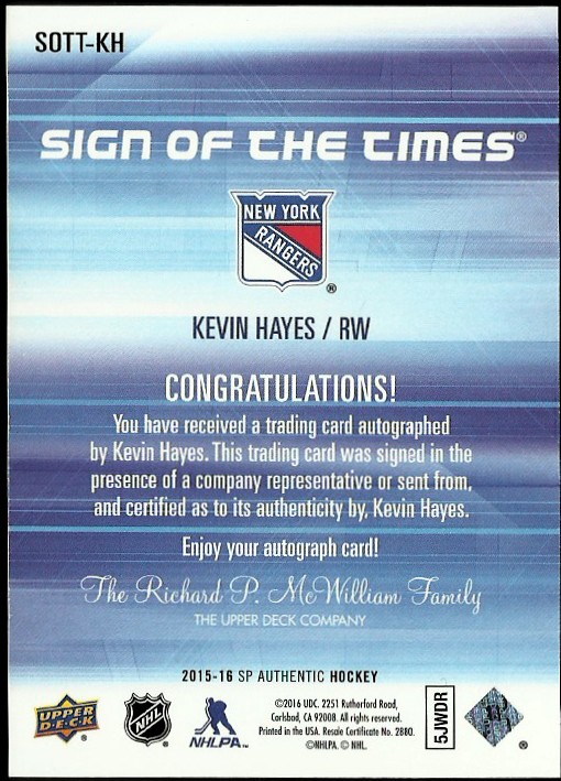 2015-16 SP Authentic Sign of the Times #SOTTKH Kevin Hayes F back image