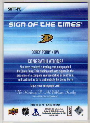 2015-16 SP Authentic Sign of the Times #SOTTPE Corey Perry C back image