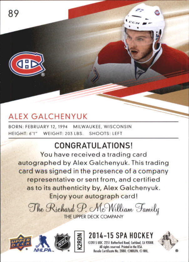 2014-15 SP Authentic Limited #89 Alex Galchenyuk AU C/(inserted in 2015-16 SP Authentic) back image