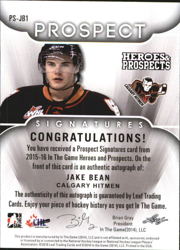 2015-16 ITG Heroes and Prospects Prospect Autographs #PSJB1 Jake Bean back image
