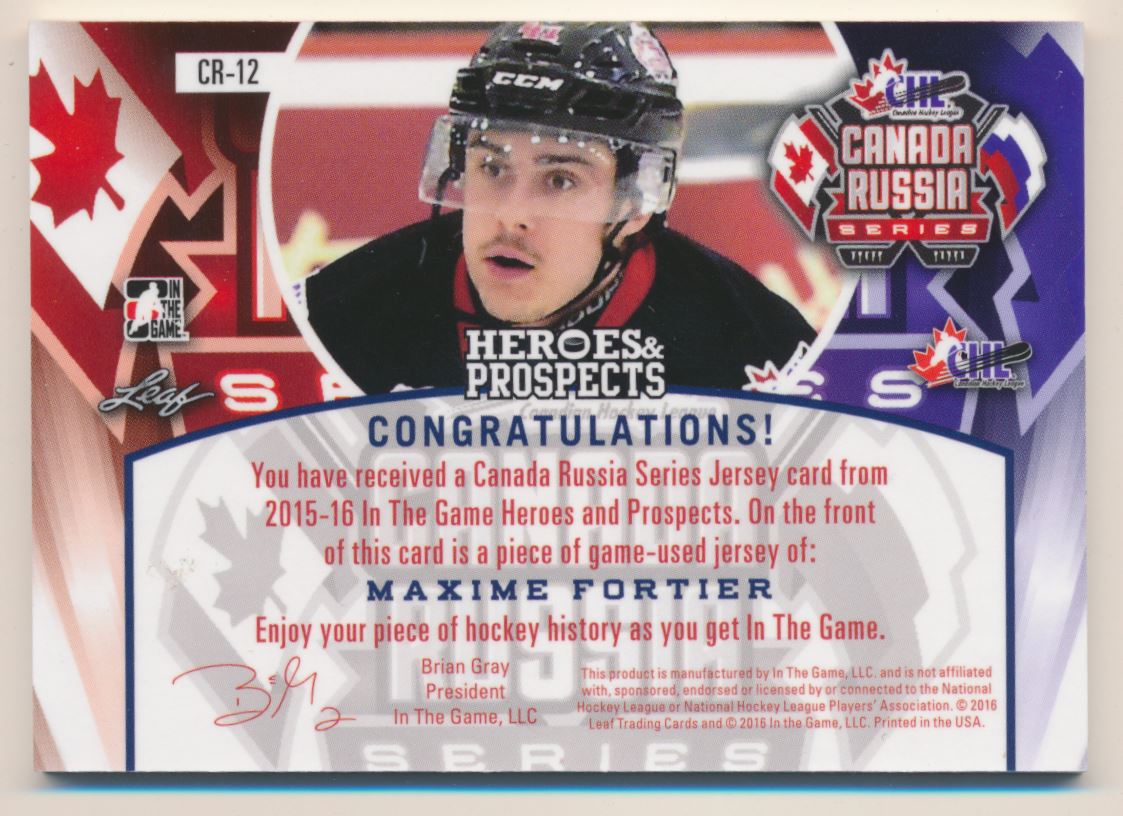 2015-16 ITG Heroes and Prospects Canada Russia Series Jerseys Emerald #CR12 Maxime Fortier back image