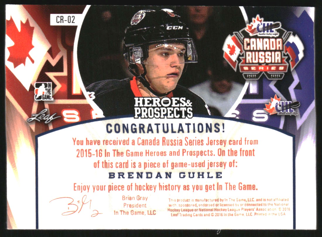 2015-16 ITG Heroes and Prospects Canada Russia Series Jerseys Platinum #CR02 Brendan Guhle back image