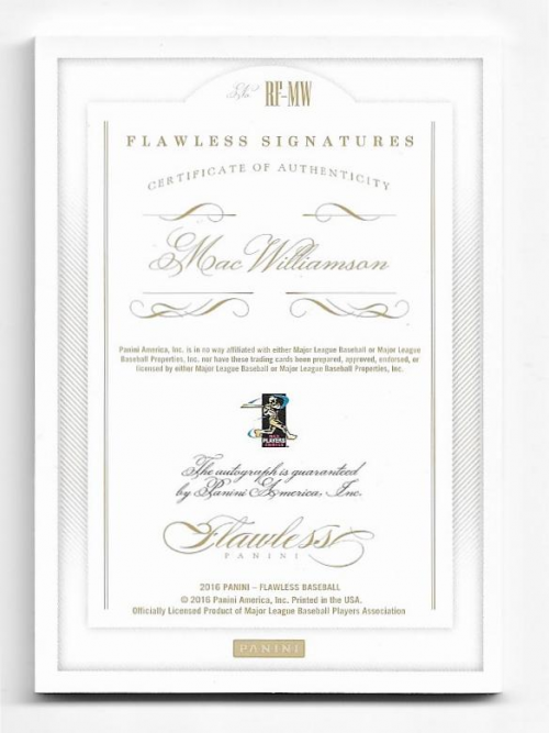 2016 Panini Flawless Rookie Signatures Sapphire #RFWM Mac Williamson back image
