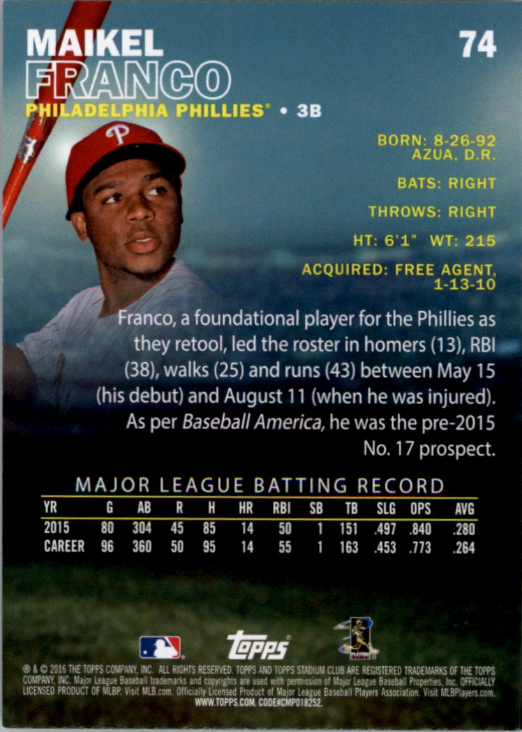 2016 Stadium Club Gold Baseball Card Pick (Inserts) - Picture 57 of 217