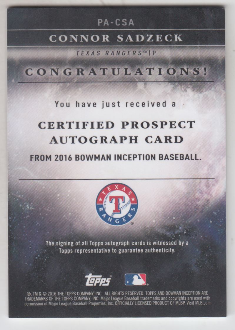 2016 Bowman Inception Prospect Autographs Blue #PACSA Connor Sadzeck