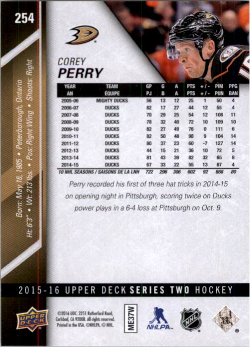 2015-16 Upper Deck Silver Foil #254 Corey Perry back image