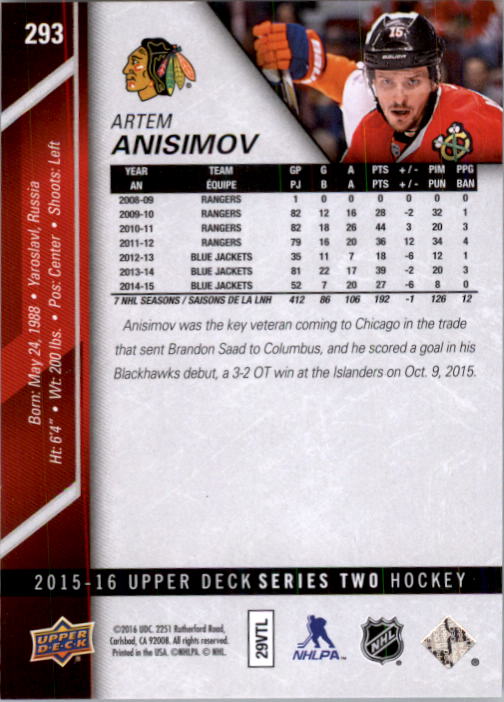 2015-16 Upper Deck Silver Foil #293 Artem Anisimov back image