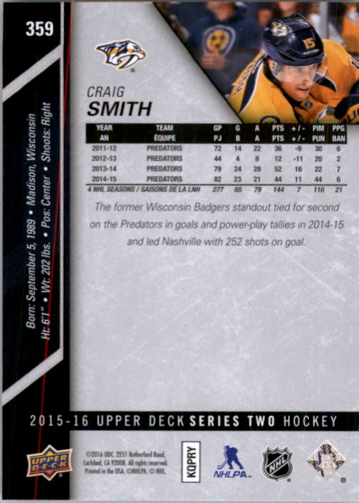 2015-16 Upper Deck Silver Foil #359 Craig Smith back image