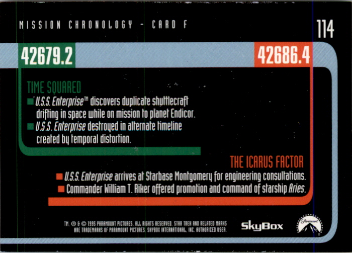 1994-99 SkyBox Star Trek The Next Generation Episode Collection #114 Mission Chronology back image