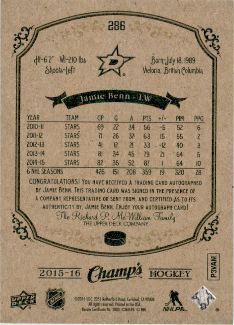 2015-16 Upper Deck Champ's Autographs #50 Jamie Benn SP C back image