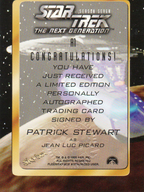 1994-99 SkyBox Star Trek The Next Generation Episode Collection Autographs #A1 Patrick Stewart as Captain Picard back image