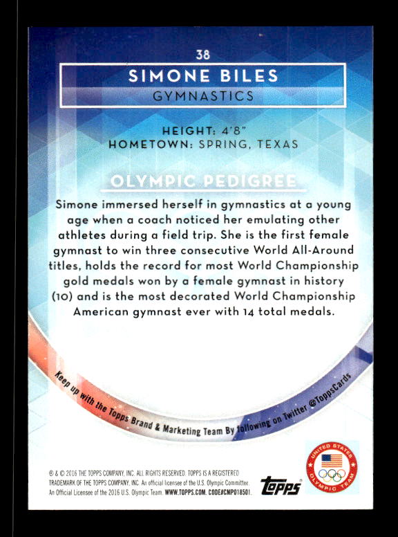 2016 Topps U.S. Olympic Team Gold #38 Simone Biles back image