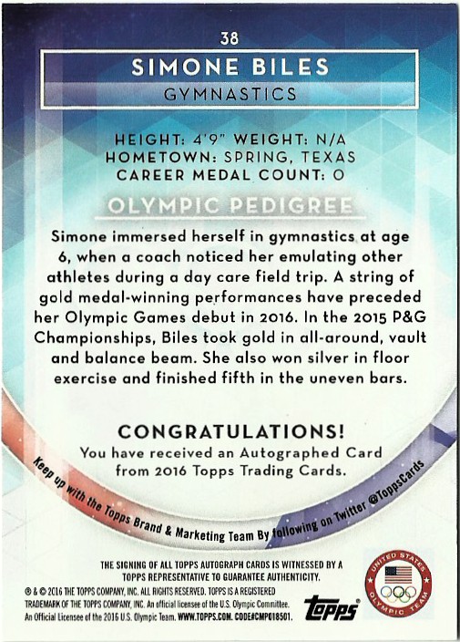 2016 Topps U.S. Olympic Team Autographs Silver #38 Simone Biles back image