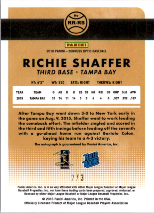 2016 Donruss Optic Rated Rookies Signatures Green #28 Richie Shaffer/3 back image