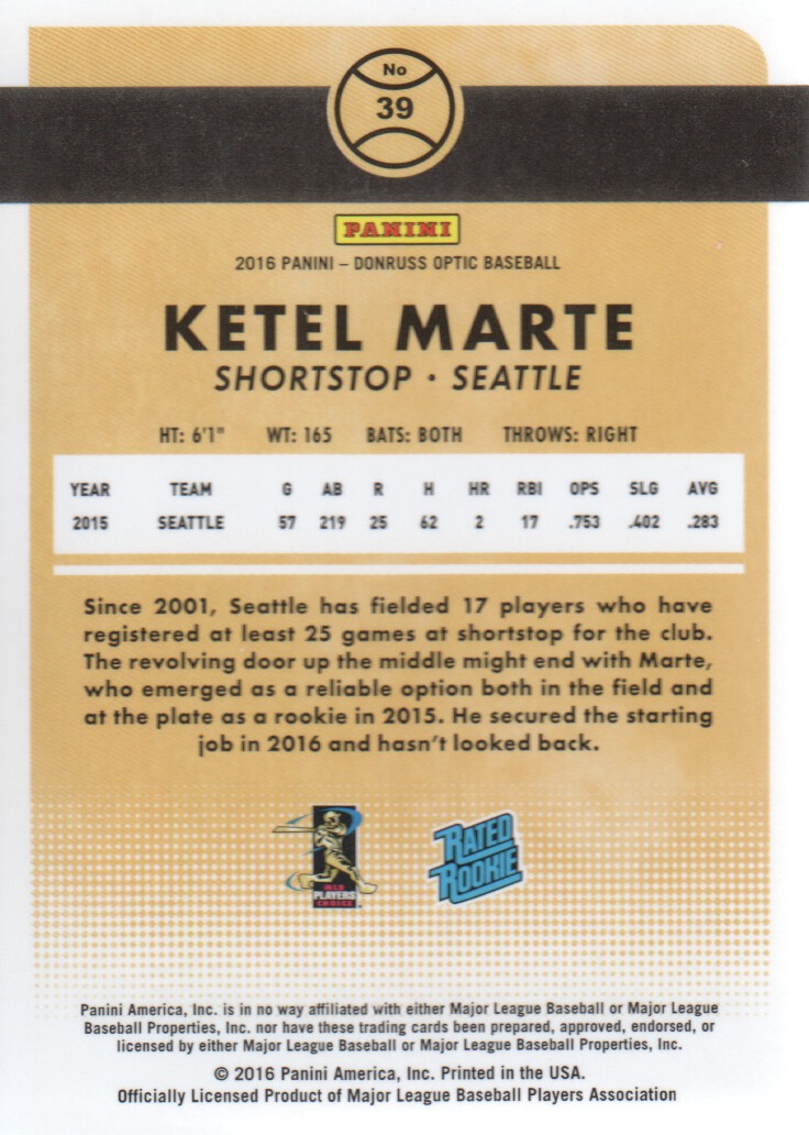2016 Donruss Optic #39 Ketel Marte RR RC back image