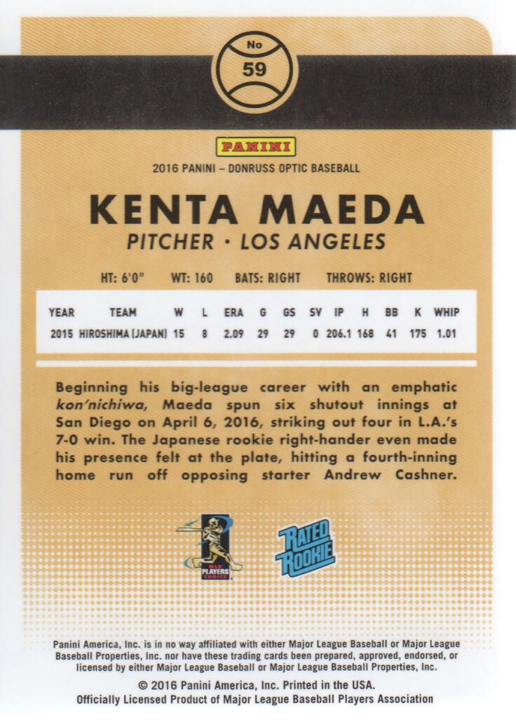 2016 Donruss Optic #59 Kenta Maeda RR RC back image
