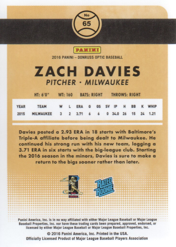 2016 Donruss Optic #65 Zach Davies RR RC back image