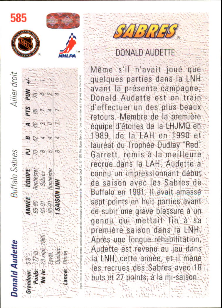 1991 92 Sabres Upper Deck French 585 Donald Audette Ebay