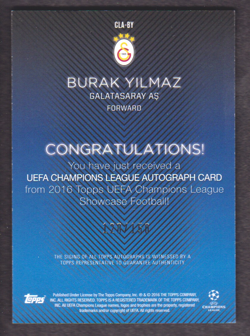 2015-16 Topps UEFA Champions League Showcase Autographs Green #CLABY Burak Yilmaz back image