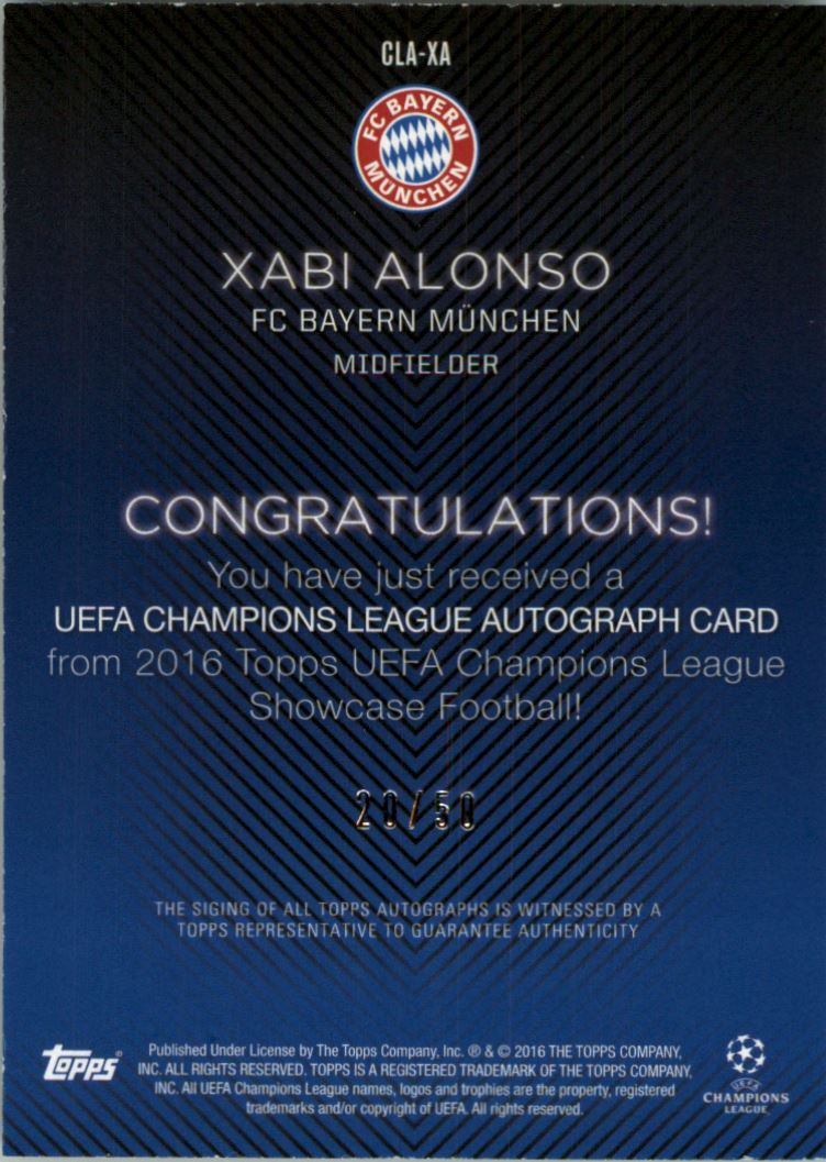 2015-16 Topps UEFA Champions League Showcase Autographs Gold #CLAXA Xabi Alonso back image