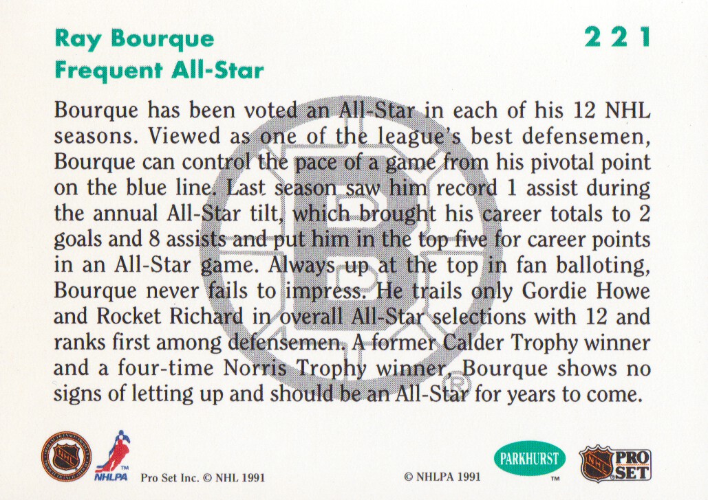 1991-92 Parkhurst #221 Ray Bourque AS back image