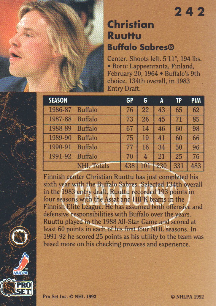 1991-92 Parkhurst #242 Christian Ruuttu back image